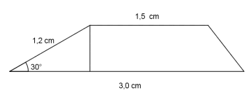 Trapes der de parallelle sidene har lengder 1,5 cm og 3,0 cm. Høyden er den minste kateten i en rettvinklet trekant med hypotenus på 1,2 cm. Den ene vinkelen i trekanten er 30 grader.